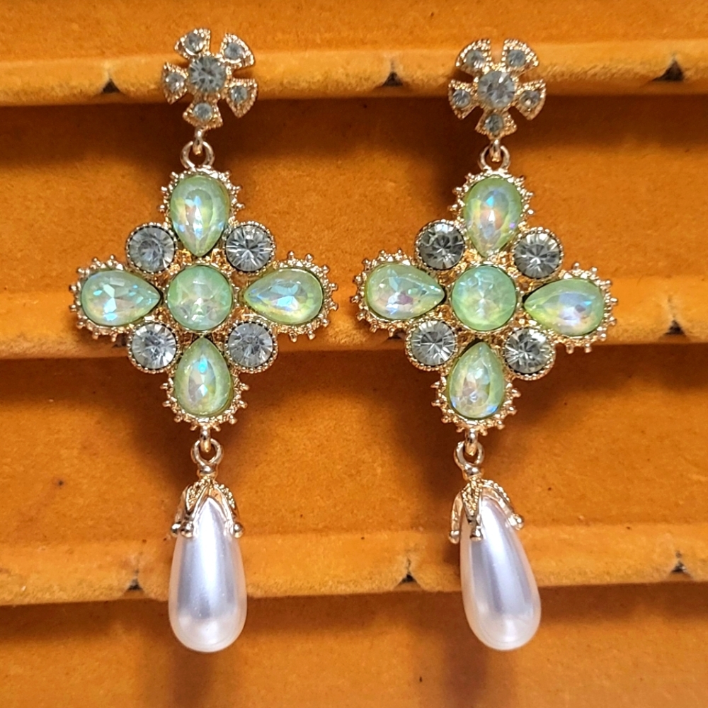 Elegant Floral Design With Green Gems Clear Rhinestone and Pearl Drop Earrings